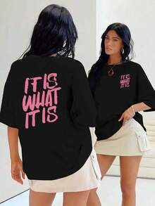 Camiseta Casual Estampada de Corte Ajustado para Mujer, de una Pieza, con Patrón Impreso y Texto, Elegante Camiseta de Manga Corta con Cuello Redondo, Tela Suave, Top Casual Versátil para Primavera, Otoño y Verano - Negro - Ver 1