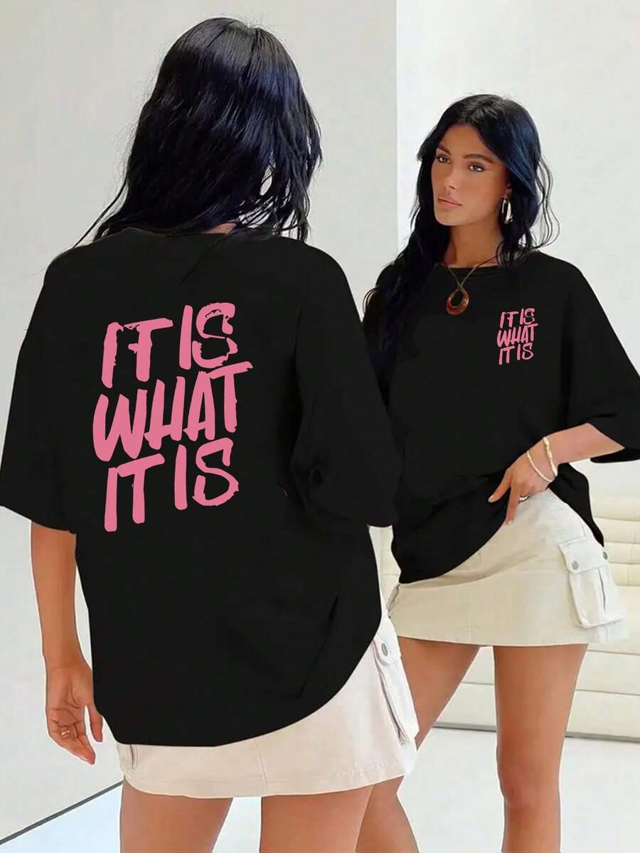Camiseta Casual Estampada de Corte Ajustado para Mujer, de una Pieza, con Patrón Impreso y Texto, Elegante Camiseta de Manga Corta con Cuello Redondo, Tela Suave, Top Casual Versátil para Primavera, Otoño y Verano - Negro - Ver 1