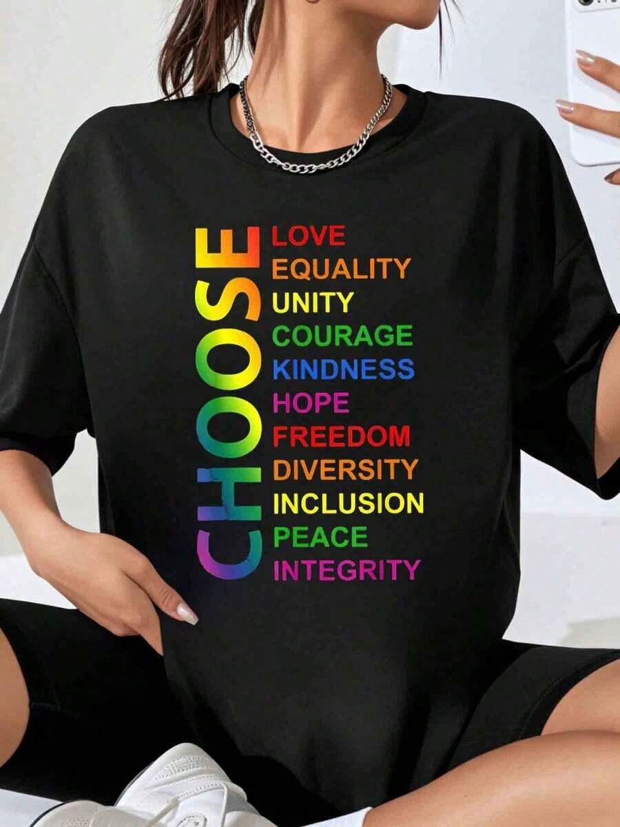 Choose Love, Equality, Unity, Courage, Kindness, Hope, Freedom, Diversity, Inclusion, Peace, Integrity, Pride. Rainbow T-Shirt For Women And Men, LGBTQ, Plus Size, Casual Wear, Pride Month Gift. Loose Fit T-Shirt For Women - 黑色 - 查看 1