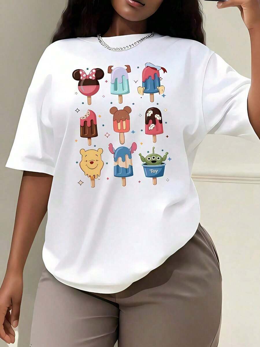 Camiseta Casual de Algodón para Mujer, Manga Corta, Corte Regular, Cuello Redondo, con Estampado de Helado de Dibujos Animados - Blanco - Ver 1