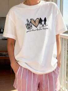 1 pieza Camiseta divertida para amantes de los Boston Terrier, para mamás de perros, Peace Love Boston Terrier, 180g, 100% algodón. - Blanco 3 - Ver 3