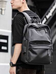 Mochila estilo coreano para hombres, mochila casual minimalista de cuero PU, bolsa para portátil de gran capacidad y multifunción, mochila escolar para la temporada de regreso a clases (dirección de la cremallera aleatoria) - Negro - Ver 7