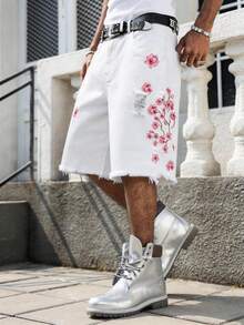 1pc Men's Embroidered Distressed Denim Shorts, American Casual Loose Fit Frayed Hem Bermuda Shorts (Product Does Not Include Belt And Accessories) - White - View 6
