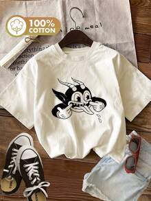 Playeras casuales de manga corta con cuello redondo para mujer - 100% algodón, corte holgado, estampado gráfico divertido de diablo de dibujos animados, top para primavera y verano, camiseta de ajuste relajado, lavable a máquina. - Albaricoque - Ver 7