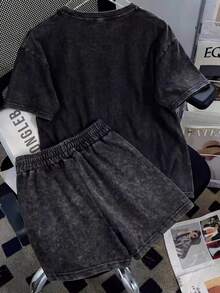 Women's Summer Casual 2 Pieces Set, Short Sleeve T-Shirt And Shorts, With "Crying Bear" Pattern, Machine Washable, Women's T-Shirt Suit Black - Black - View 2