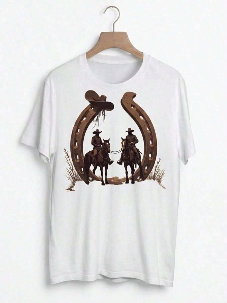 1 blusa Camia Country con estampado de animales, caballos, herradura y sombrero, 100% algodón premium (PROMOCIÓN) 180g 100% algodón - Blanco - Ver 1