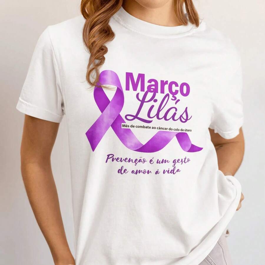1 Unisex Shirt With Print: March Lilac For Breast Cancer Awareness And Health. Cotton. Suitable For Home, Evenings, Holidays, Days Off, And Everyday Wear. 180g 100% Cotton. - Branco - 查看 1