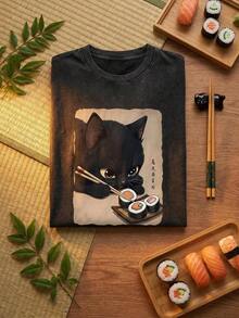 Camisetas unisex casuales de primera calidad, divertidas, estilo japonés, con estampado de gato negro comiendo sushi, ropa de calle, versión coreana, cómodas, retro, a la moda, versátiles, para ir al trabajo, ropa de mujer Y2k. Camiseta de manga corta de cuello redondo, ajustada, negra, estilo punk de nicho, de la serie retro lavada, cómoda, de algodón puro, que permite crear fácilmente un estilo retro casual, adecuada para el transporte diario, salidas informales, uso diario, ropa clásica retro para mujer. - Negro - Ver 4