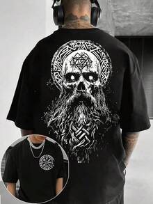 Camiseta de Manga Corta para Hombre con Diseño de Calavera y Vikingo Barbudo |   100%, Ligeramente Elástico, Cuello Redondo, Comodidad Para Todas Las Temporadas, Transferencia Térmica Digital, Ideal Para Uso Diario y Regalo de San Valentín - Negro - Ver 1
