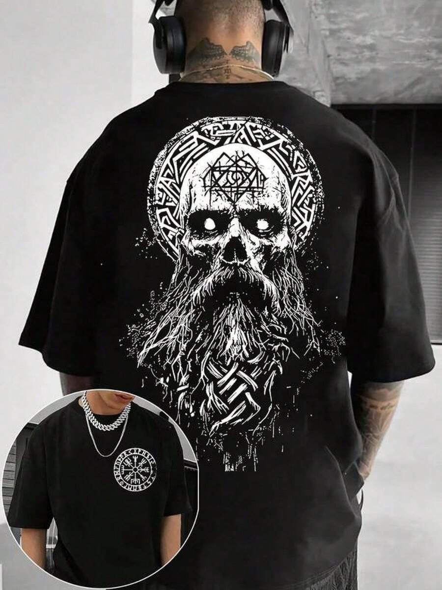 Camiseta de Manga Corta para Hombre con Diseño de Calavera y Vikingo Barbudo | 100%, Ligeramente Elástico, Cuello Redondo, Comodidad Para Todas Las Temporadas, Transferencia Térmica Digital, Ideal Para Uso Diario y Regalo de San Valentín - Negro - Ver 1