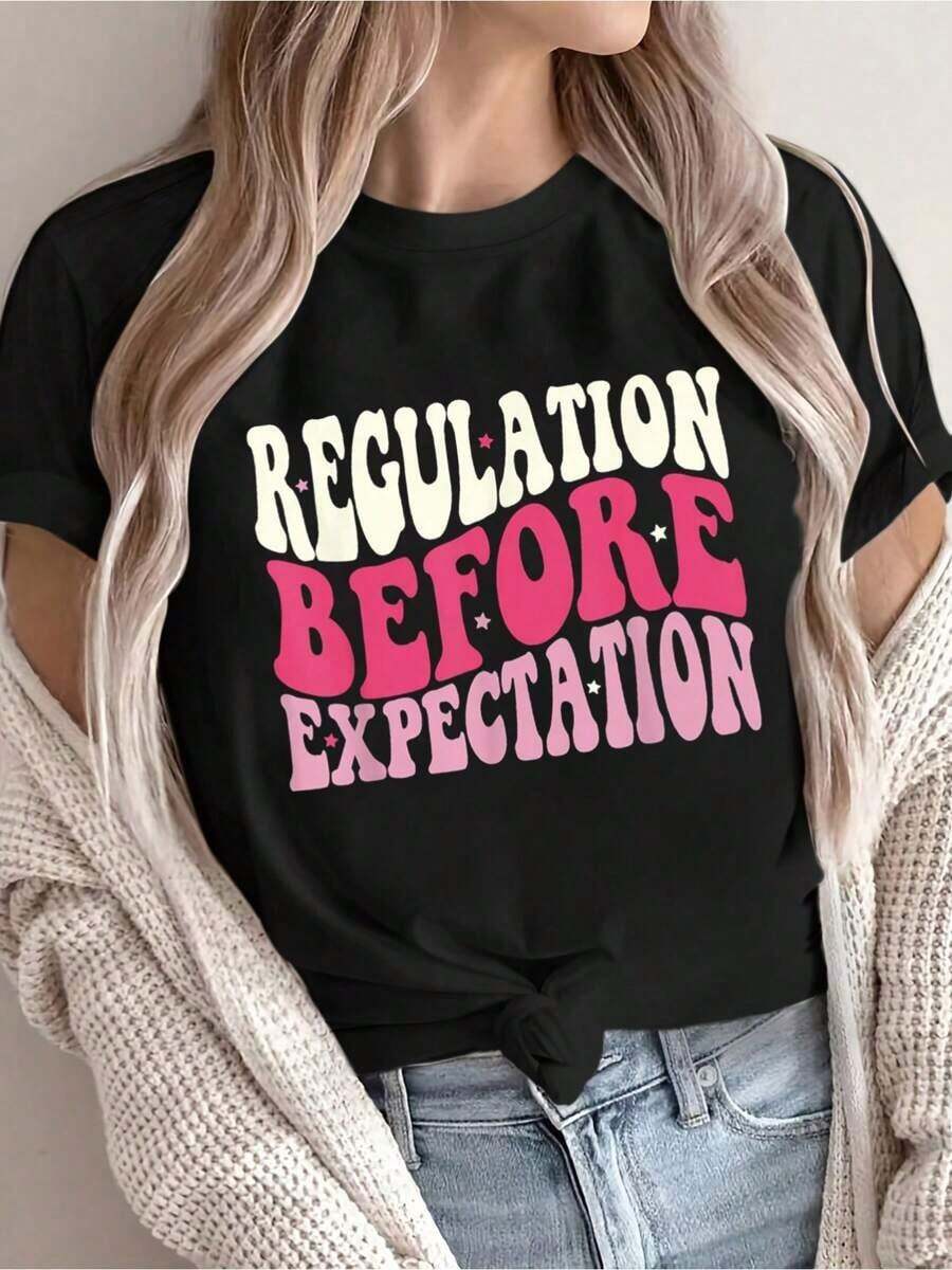 Camiseta Vintage de Algodón 100% Algodón, Estilo Groovy, Antes de lo Esperado, Linda, ABA SLP, Cuello Redondo, Manga Corta, Camiseta para Mujer, Camisetas Gráficas para Mujer, Tops para Uso Diario - Negro - Ver 1
