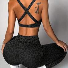 MewMuse. Slayform 1 Conjunto de Sujetador Deportivo y Mallas de Mujer con Estampado de Leopardo y Diseño Cruzado Retorcido para Yoga, Correr, Fitness y Ejercicio - Negro - Ver 6