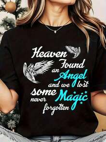 Women's T-Shirt With 'In Heaven We Found An Angel And Lost A Little Magic, Never Forgotten' Print, Round Neck, Casual Daily Wear, Soft And Comfortable, Christmas, 220g, Loose Fit T-Shirt For Women - 黑色 - 查看 7
