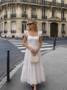 Women's Summer Fashionable And Elegant Vacation Style Suspender Ruffle Edge Square Neck Hollow Rough Design A Long Women's Dress, Suitable For Beach Vacation, Wedding Guests, Graduation Ceremony Dress, Birthday Party, Elegant Party Dress, - White - View 6