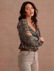 Blusa de manga larga con cuello de corazón, volantes y estampado floral, para otoño, invierno, uso casual, estilo occidental, bohemio - Rosa - Ver 4