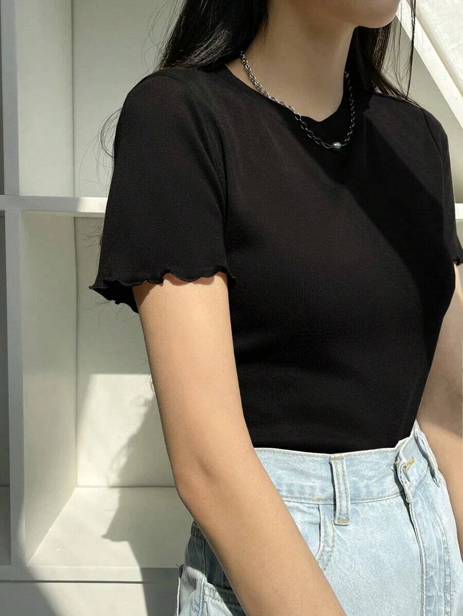 Camiseta tejida acanalada con ribete de lechuga para el verano - Negro 2 - Ver 1