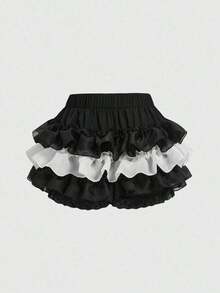 Kawaii Falda pantalón con volantes de color contrastante para mujer - Blanco y Negro - Ver 2