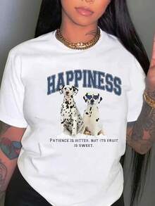 Camiseta Casual con Estampado de Dálmatas - Cuello Redondo y Manga Corta - La tela tiene elasticidad media, cómoda de llevar durante todo el año - Camiseta Unisex de Estilo Urbano Vintage, Holgada, de Algodón, con Cuello Redondo y Manga Corta - Blanco - Ver 1