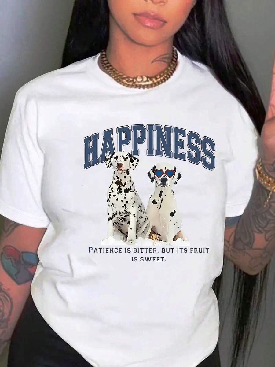 Camiseta Casual con Estampado de Dálmatas - Cuello Redondo y Manga Corta - La tela tiene elasticidad media, cómoda de llevar durante todo el año - Camiseta Unisex de Estilo Urbano Vintage, Holgada, de Algodón, con Cuello Redondo y Manga Corta - Blanco - Ver 1