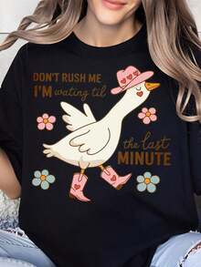 100% algodón, Camiseta de mujer. Camiseta de mujer con estampado de pato y vaquera "No me apresures, espero hasta el último momento". Camiseta con gráfico de animales lindo y eslogan divertido para uso casual e ideas de regalo. - Negro - Ver 6