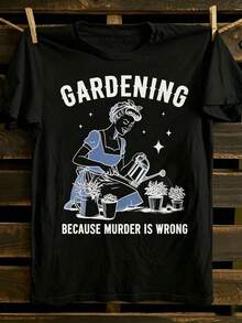 1pc Women's Clothing Gardening Woman Print White TShirt, Women's Casual Cotton Short Sleeve Round Neck T-Shirt With Gardening Print, Relaxed Fit Top - 黑色 - 查看 1