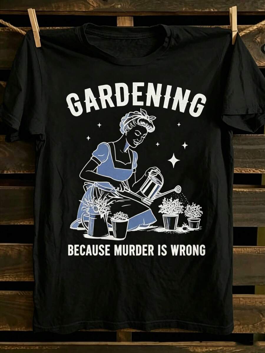 1pc Women's Clothing Gardening Woman Print White TShirt, Women's Casual Cotton Short Sleeve Round Neck T-Shirt With Gardening Print, Relaxed Fit Top - 黑色 - 查看 1