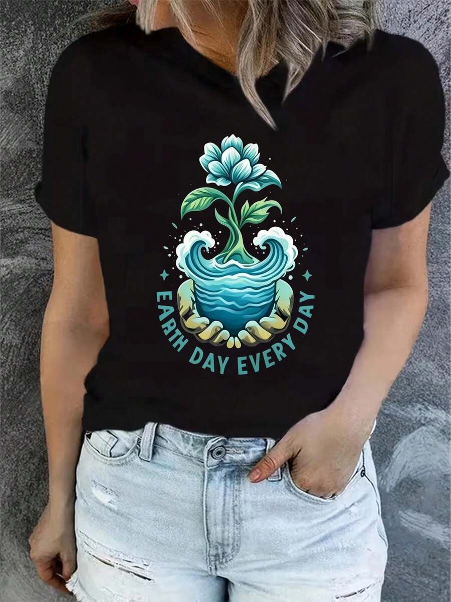 Camiseta de manga corta estampada para mujer, moderna y casual, lavable aáquina, ajuste cómodo, estampado plano 2D - Estilo vintage urbano, unisex, de algodón, manga corta, cuello redondo. - Negro - Ver 1