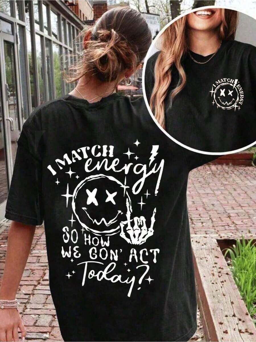 Nueva Llegada 2026, Camiseta de Verano de Manga Corta con Cuello Redondo y Estampado Simple, Camisetas Gráficas con la Frase 'I MATCH Energy SO HOW WE GON' ACT Today', Tops para Mujer, Tela Suave, Transpirable, 100% Algodón, Camiseta de Uso Diario para Mujer con Estampado Gráfico. - Negro - Ver 1