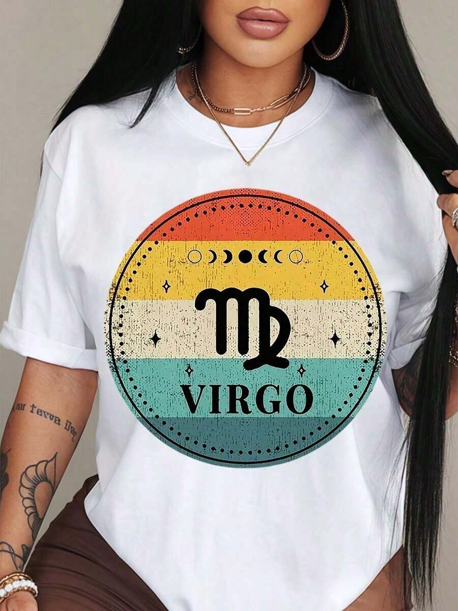 100% algodón puro, Camiseta de mujer, Camiseta gráfica de mujer - Diseño vintage de arcoíris con el signo zodiacal Virgo, Camiseta casual de cuello redondo, Ideal para fiestas y regalos, Adecuada para todas las estaciones, Tops de mujer - Blanco - Ver 1