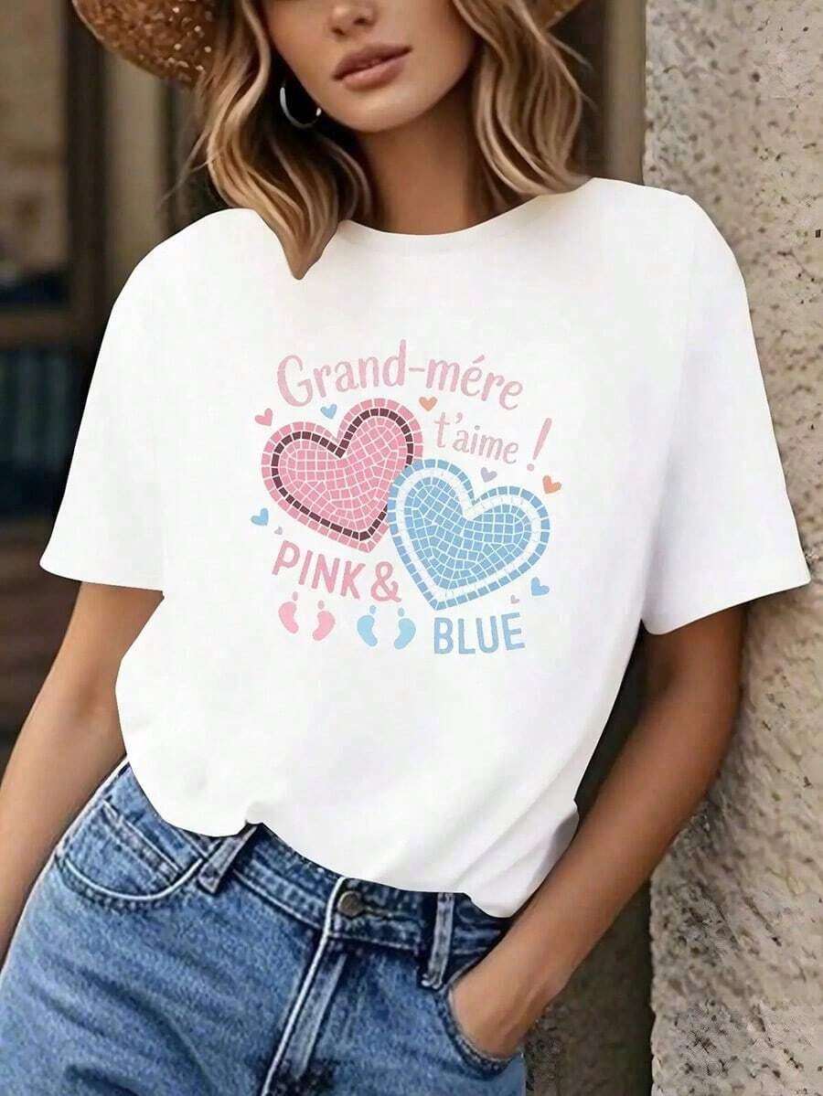 CasualWos Camiseta Estilo Francés con Estampado de 100 Corazones Geométricos, Manga Corta, Cuello Redondo, Blusa Casual, Lavable a Máquina, Transpirable, para Mujer - Blanco - Ver 1