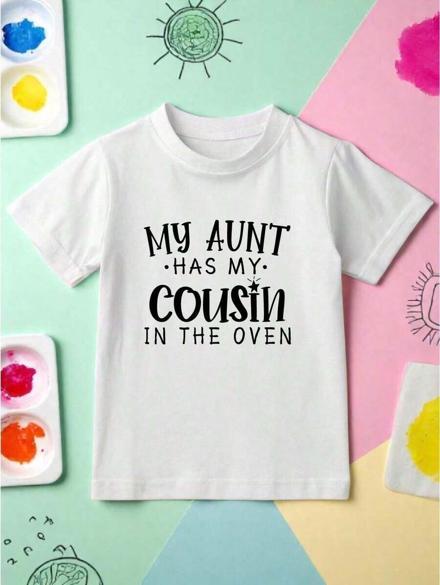 Camiseta Divertida "Mi Tía Tiene A Mi Prima En El Horno", Camiseta Para Anunciar Embarazo, Linda Camiseta Para Revelación De Bebé, Camiseta Para Celebración De Anuncio De Embarazo, Divertida Camiseta Para Revelación De Embarazo De Tía, Modelo Juvenil FZ-1893 - Blanco - Ver 1