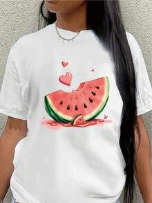 Camiseta de manga corta de poliéster, estampado de sandía, ligera y duradera, adecuada para uso casual en casa o al aire libre, diseño divertido de verano, ajuste cómodo.blusa casual mujer - Blanco - Ver 7