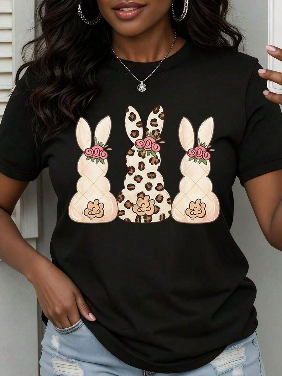 Camiseta Casual de Mujer con Diseño de Huevo de Chocolate de Conejo de Pascua, Corona Floral y Estampado de Leopardo, Top de Temporada de Primavera para Celebración de Pascua - Estilo Urbano Vintage, Unisex, de Algodón 100%, Manga Corta, Cuello Redondo, Corte Holgado. - Negro - Ver 1