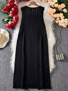 Women's Sleeveless Long Lace Tassel Knit Cover Up, Hollow Out Design, Layering Coverup For Summer - Black - View 2