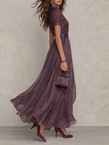 Vestido de gran falda con escote V cintura ajustada y volantes elegante y casual - Morado - Ver 2