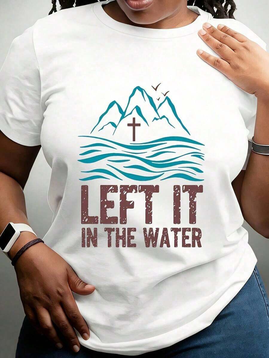I Left It In The Water - Mountain Cross Design T-Shirt With Christian Statement Of Faith - Unisex Vintage Urban Style, Loose Fit Short Sleeve Cotton Crew Neck T-Shirt, 100% Cotton - 白色 - 查看 1