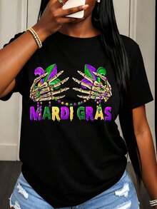 Camiseta Casual para Mujer con Estampado de Manos de Esqueleto con Cuentas y Plumas para Celebración de Fiesta de Mardi Gras - Negro - Ver 6