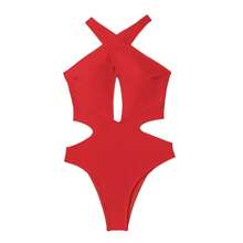 Traje de baño de una pieza para mujer con estilo retro, diseño sexy con aberturas, escote en V profundo, espalda descubierta, ajustado al cuerpo. - El color rojo hace que tu piel se vea más brillante. - Ver 6
