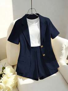 Conjunto de atuendo casual elegante para ir al trabajo, incluye chaqueta tipo blazer de manga corta amarilla y conjunto de pantalones cortos/pantalones de pierna ancha, para mujer en primavera/verano - Azul marino - Ver 12