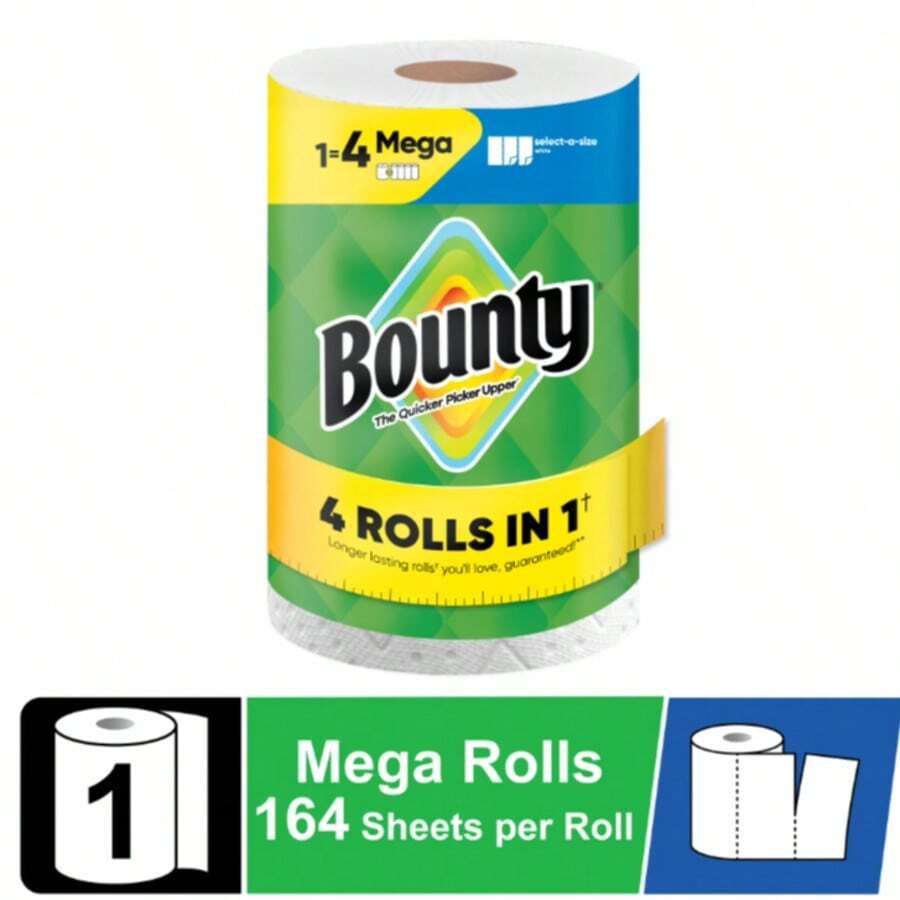 Bounty Select-A-Size Paper Towels, 1 Mega Roll, White, 164 Sheets Per Roll, Absorbent Household Cleaning Paper Towels - Roll - View 1