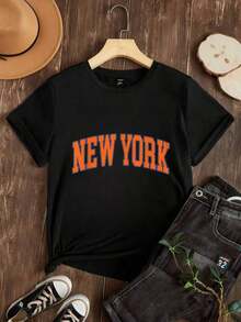 Camiseta de Mujer Casual de Corte Holgado, Opciones en Blanco y Negro, Estampado Gráfico de Nueva York, Camisetas de Verano, Blusas para Mujer, Camisetas Gráficas, Conjuntos de Verano, Camisetas Cortas para Mujer, Blusas Vintage de Algodón, Ropa Linda para Mujer, Playera Holgada para Mujer - Negro - Ver 2