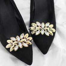 1pair 8cm Flower Shoe Clips For Sandals - Gold Marquise Crystal Rhinestone Charm, ABS Bling Floral Shoe Decoration For Summer Wedding Bridal Party Heels - Gold - View 1