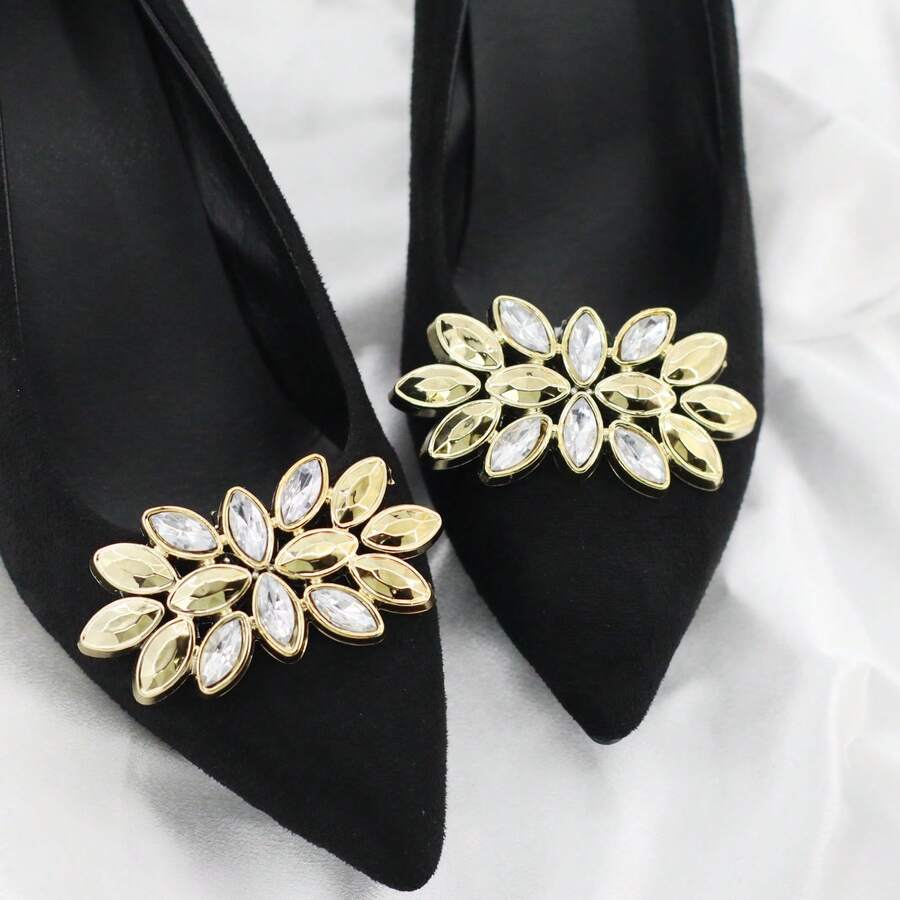 1pair 8cm Flower Shoe Clips For Sandals - Gold Marquise Crystal Rhinestone Charm, ABS Bling Floral Shoe Decoration For Summer Wedding Bridal Party Heels - Gold - View 1