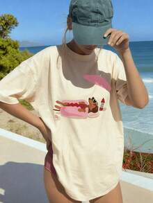 1 pieza de camiseta de manga corta para mujer, nueva, de verano, casual, para playa, con estampado de dachshund, corte holgado, cuello redondo, color beige, adecuada para uso diario, que muestra tu estilo a la moda. 180g Algodón 100%. - Blanco - Ver 1