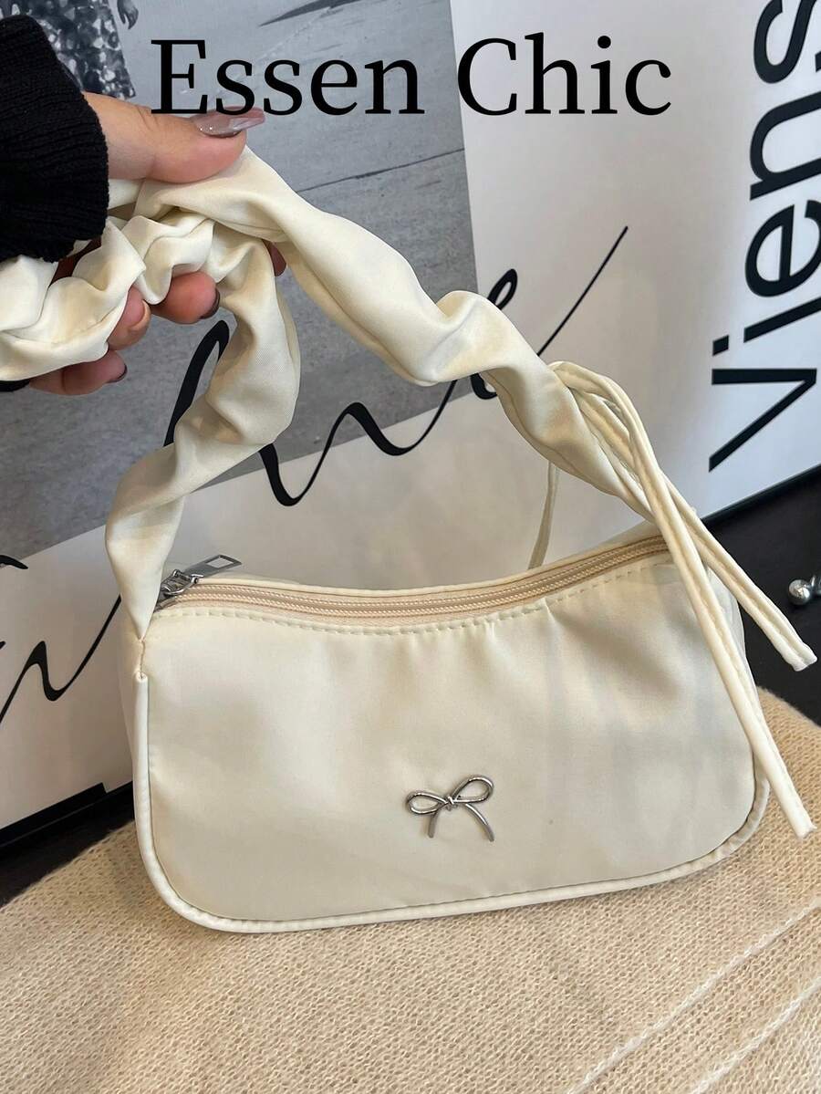 1 buah Tas Bahu/Tas Bawah Lengan Lipit Nilon Putih untuk Wanita, Koleksi Musim Panas Terbaru dengan Dekorasi Kupu-kupu Logam, Warna Polos - Putih - View 1