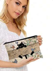 1pc Cute Cat Pattern Cosmetic Bag, Portable Travel Organizer Pouch, Women Handbag, Summer Bag, Holiday Bag, Makeup Bag, Wallet, Backpack, Back To School Supplies. - Multicolor - View 3