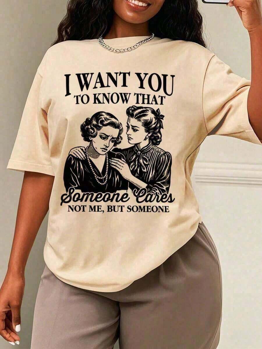 Camiseta de manga corta con cuello redondo, corte holgado, 100% algodón, con estampado retro, divertido y sarcástico para mujer, estilo casual con gráficos de memes para uso diario, 2026 Verano. - Albaricoque 2 - Ver 1