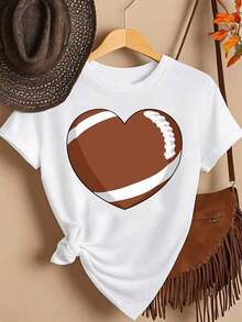 Camiseta Casual con Estampado Gráfico de Corazón y Balón de Fútbol, Manga Corta, Cuello Redondo, Top Casual para Primavera y Verano, Ropa de Mujer, Tela Ligeramente Elástica, Moda - Blanco - Ver 1