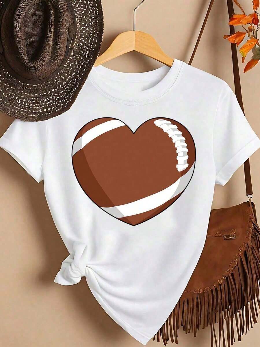 Camiseta Casual con Estampado Gráfico de Corazón y Balón de Fútbol, Manga Corta, Cuello Redondo, Top Casual para Primavera y Verano, Ropa de Mujer, Tela Ligeramente Elástica, Moda - Blanco - Ver 1