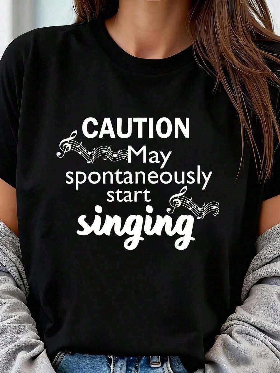 Women's Size T-Shirt With Creative Letter Print, Made Of 100% Cotton Fabric, Breathable And Does Not Cause Sweating, Soft And Smooth, With A Quality Feel, Suitable For Sports And Fitness, Daily Wear, Vacation, Office, School, Parties And Other Various Occasions. - Black - View 1